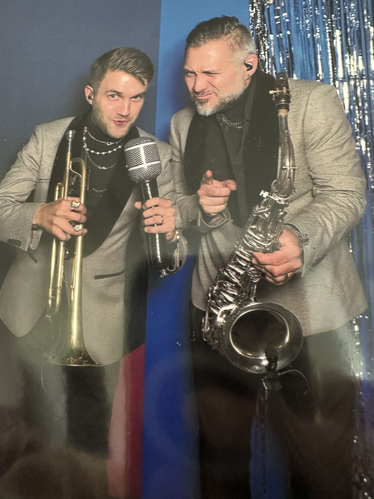 Olle with trumpet and Mattias with saxophone, hosts of Blåspodden